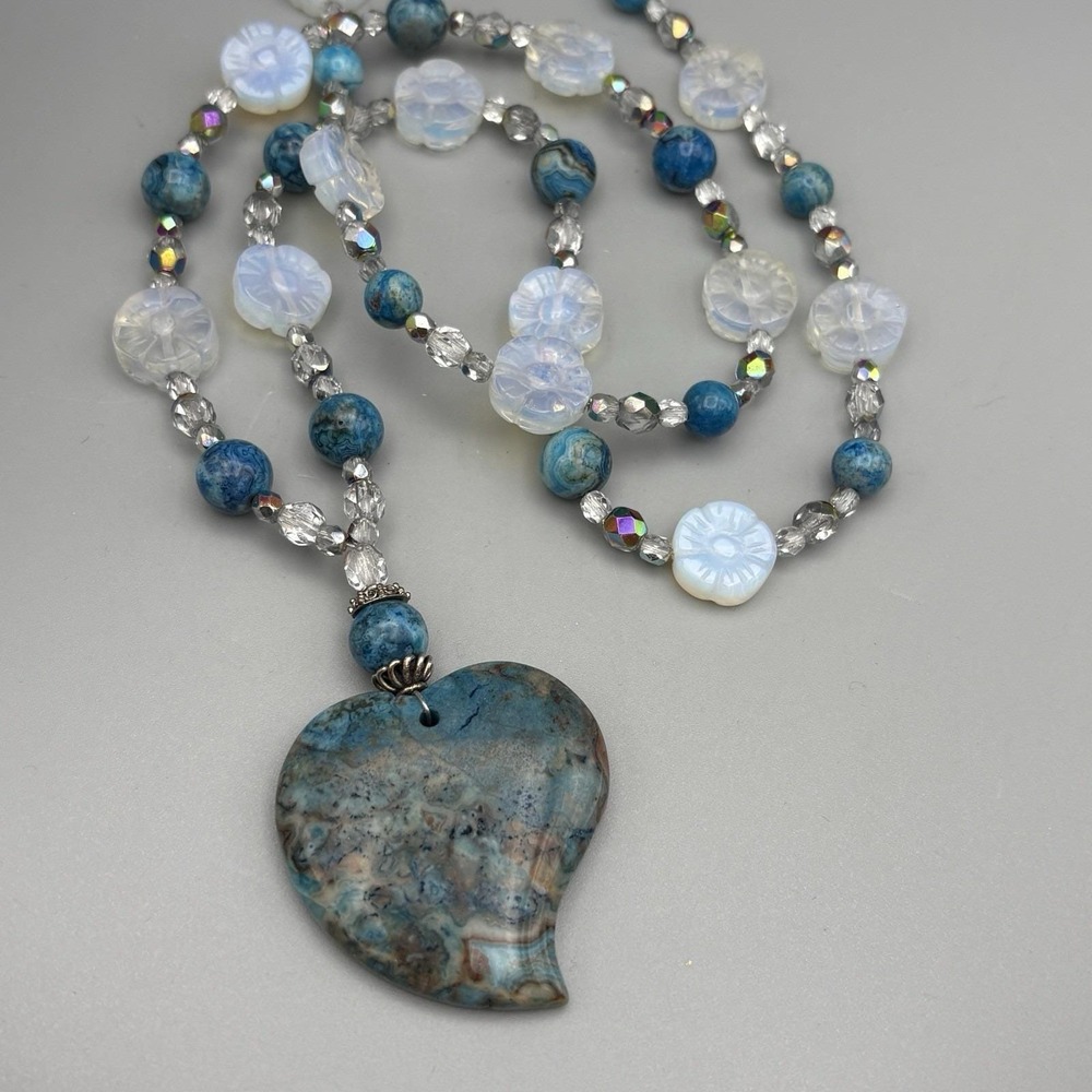 Chrysocolla Turquoise Heart Pendant Opalite Beaded Necklace Crystal 30" Boho